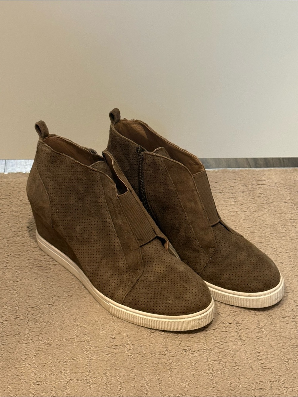 Paolo Olive Brown Perforated Suede Wedge Sneakers